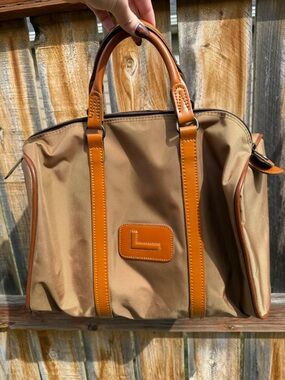 Lancel Paris Tan Nylon Tote with Cognac Trim and Leather Handles